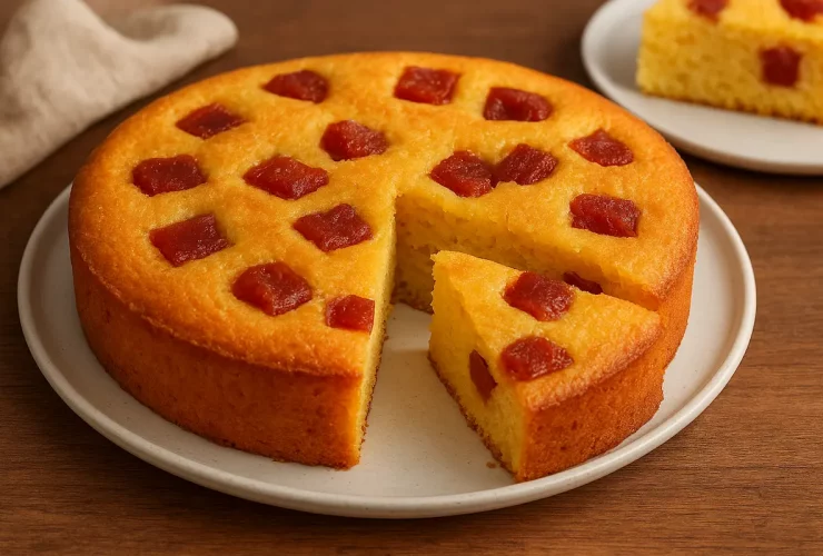Bolo de fubá fofinho com goiabada,
