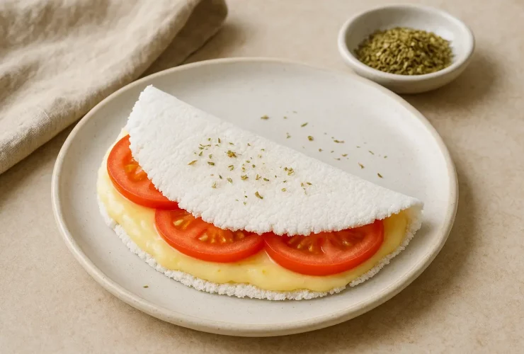 Tapioca recheada com queijo e tomate