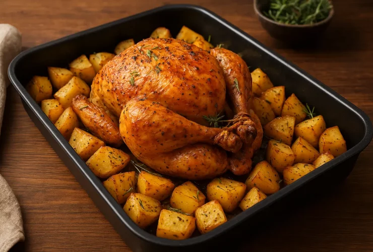 Frango Assado com Batatas ao Alho e Ervas,frango assado