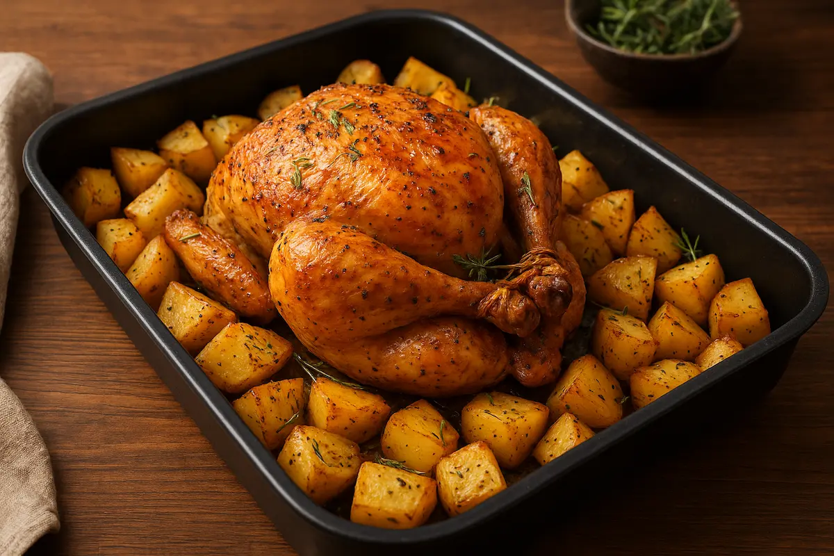Frango Assado com Batatas ao Alho e Ervas,frango assado