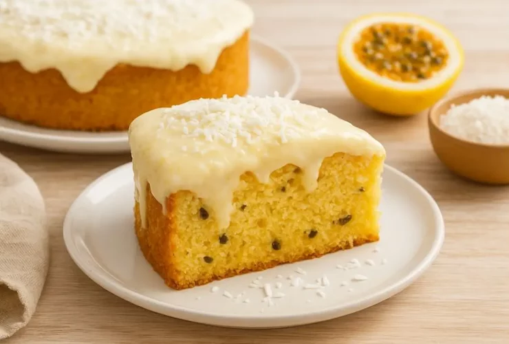 Bolo de maracujá com cobertura cremosa de coco