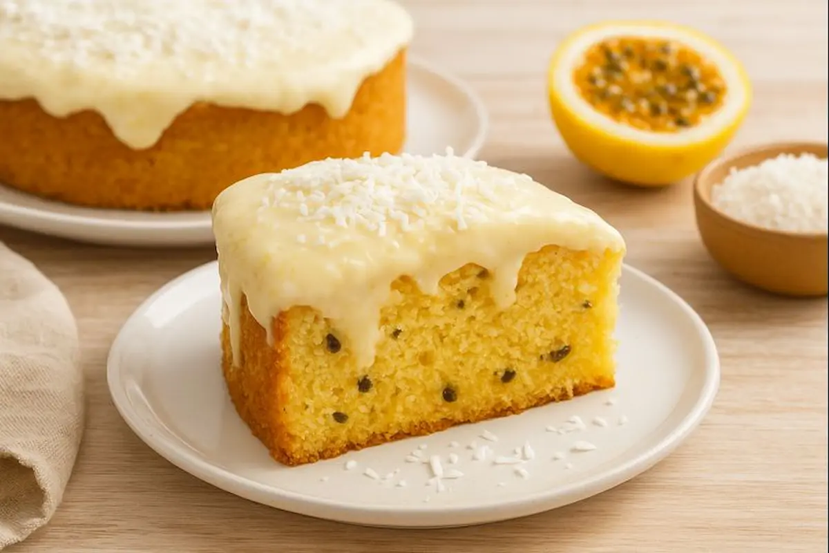 Bolo de maracujá com cobertura cremosa de coco