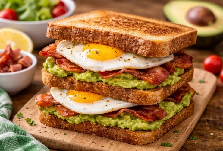 Sanduíche de abacate, bacon e ovo