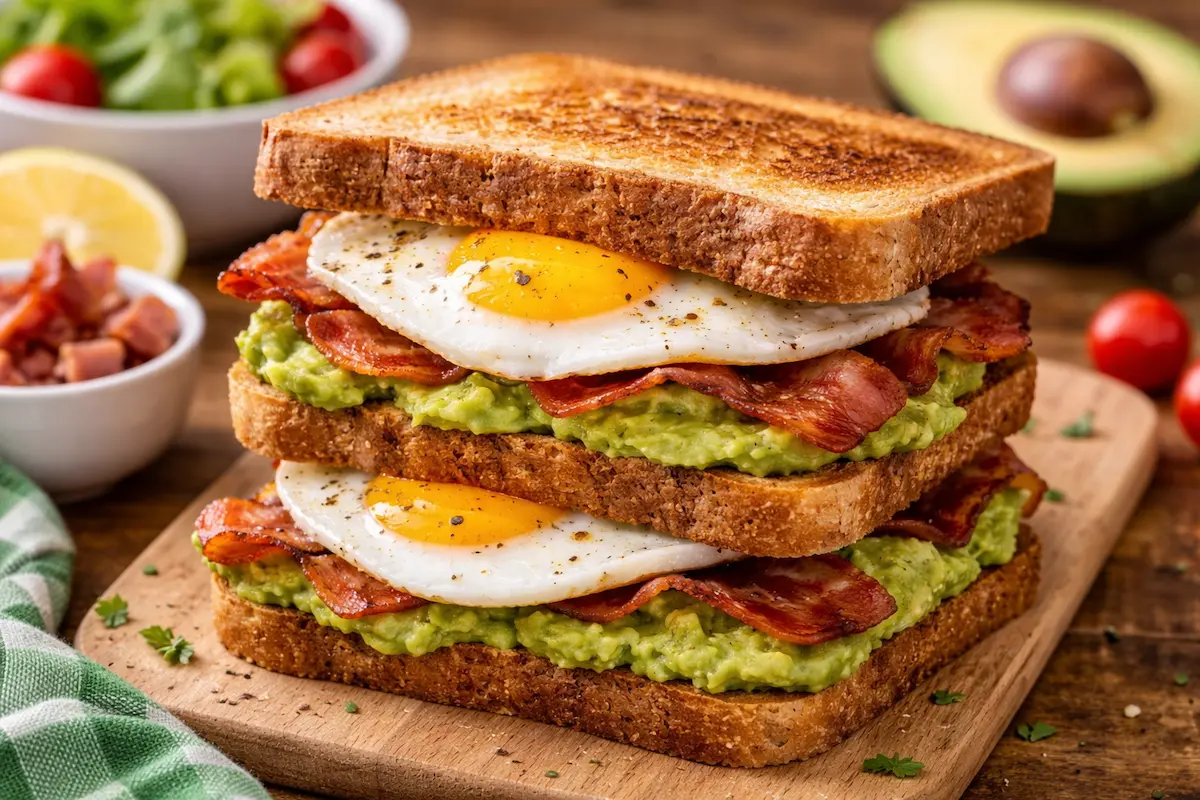 Sanduíche de abacate, bacon e ovo