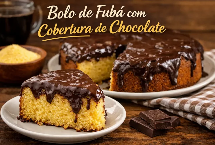 Bolo de fubá fofinho com cobertura de chocolate
