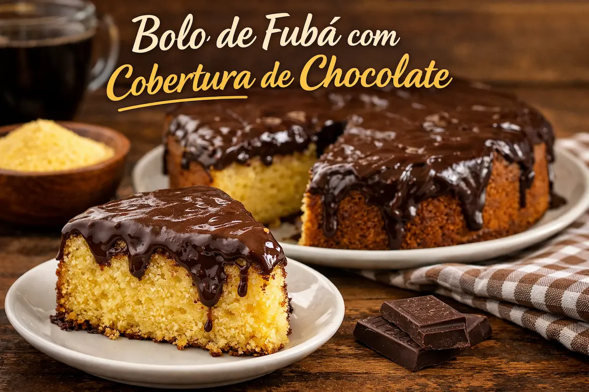Bolo de fubá fofinho com cobertura de chocolate