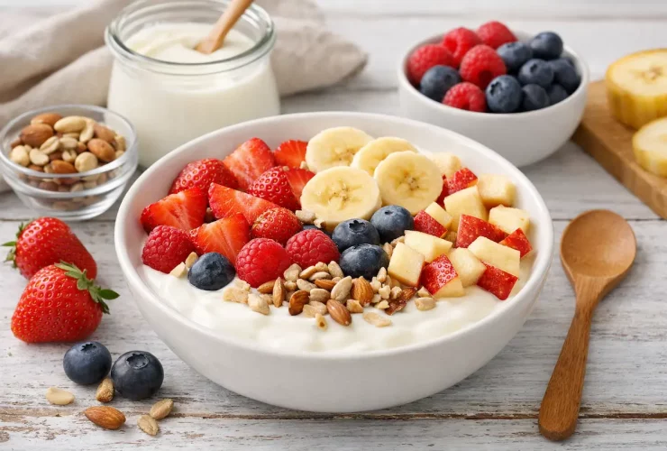 Café da manhã sem açúcar com iogurte e frutas