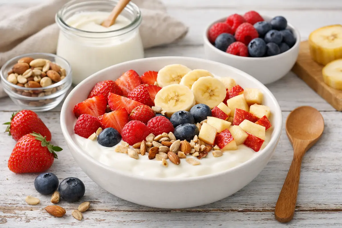 Café da manhã sem açúcar com iogurte e frutas