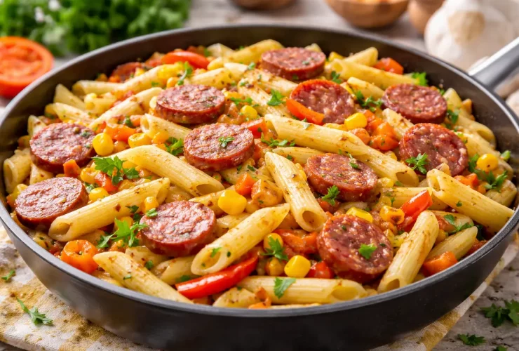Macarrão com legumes e calabresa