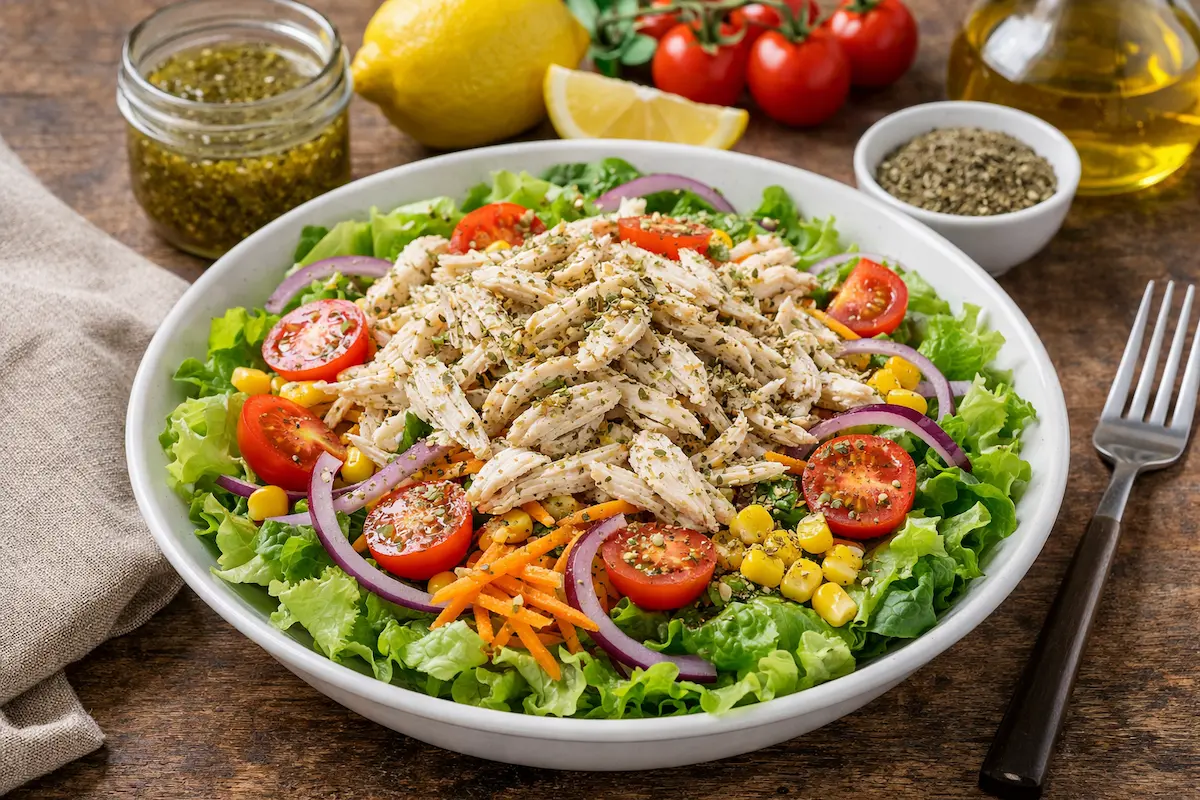 Salada completa de frango com molho de orégano
