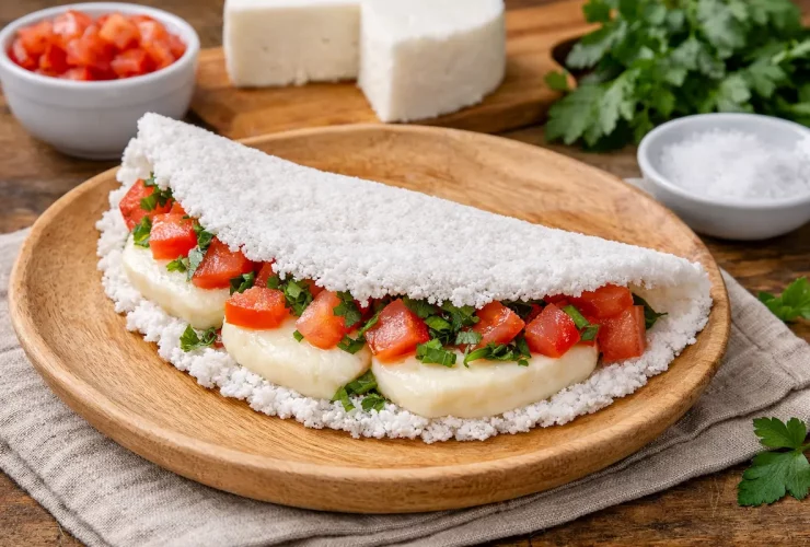 Tapioca com queijo branco, tomate e salsinha