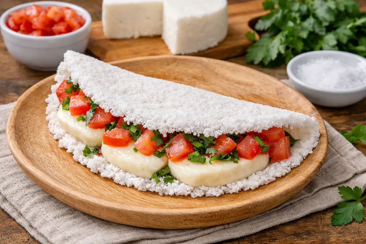 Tapioca com queijo branco, tomate e salsinha