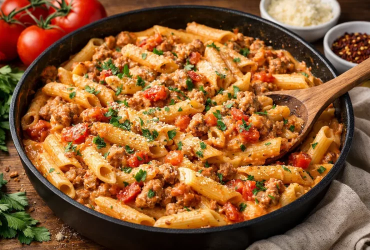 Macarrão com linguiça, tomate e creme de leite