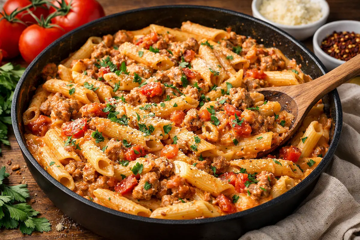 Macarrão com linguiça, tomate e creme de leite