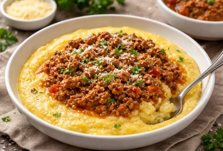 Polenta cremosa com carne moída