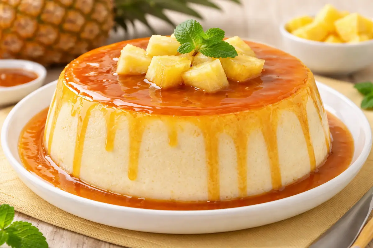 Flan de abacaxi cremoso, leve e refrescante
