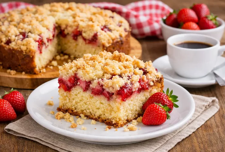 Cuca de morango fofinha com farofa crocante!