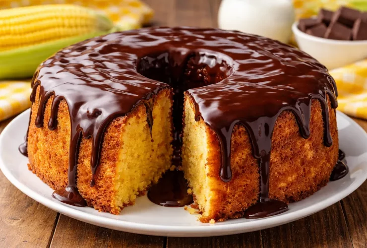 Bolo de milho com calda de chocolate