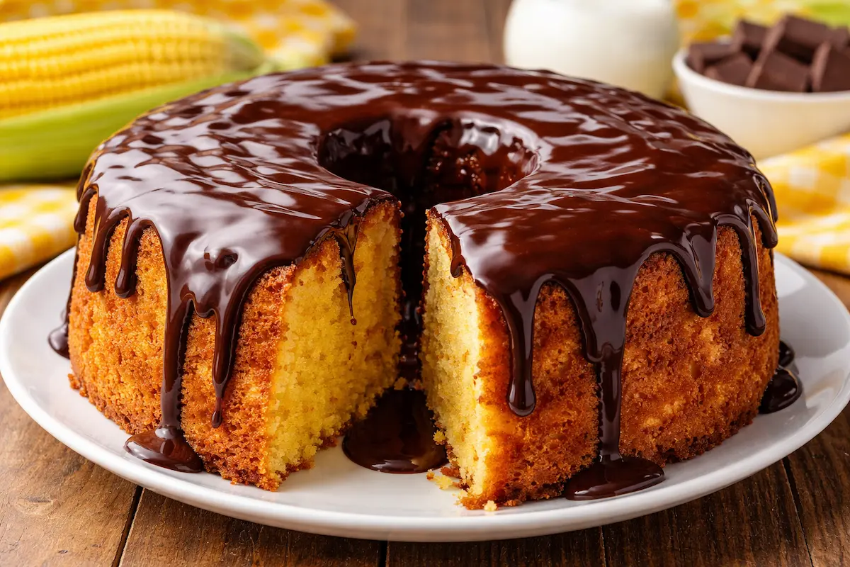 Bolo de milho com calda de chocolate