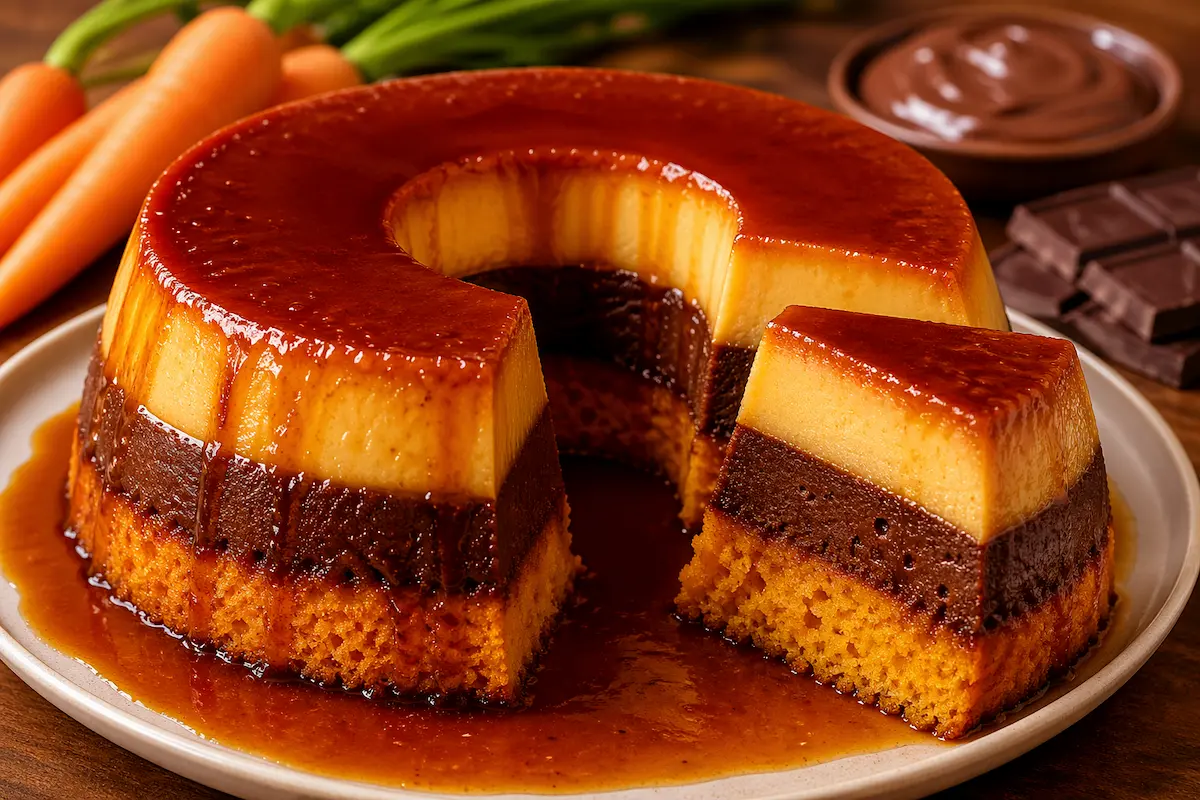 Bolo pudim de cenoura com chocolate