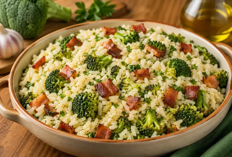 Arroz com brócolis e bacon fácil,