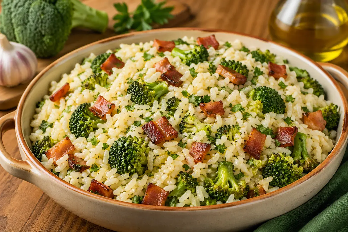 Arroz com brócolis e bacon fácil,