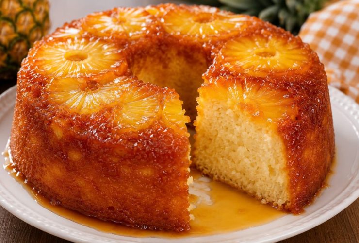 Aprenda a fazer um bolo de abacaxi caramelado muito fofinho e molhadinho