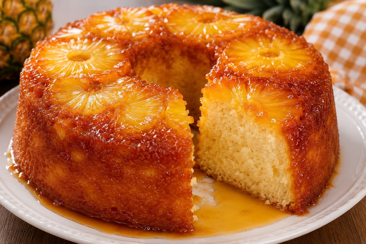 Aprenda a fazer um bolo de abacaxi caramelado muito fofinho e molhadinho