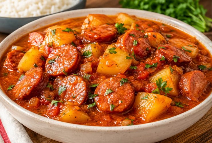 Molho de calabresa com batata bem cozida e molho encorpado, perfeito para servir com arroz branco. Uma receita fácil, econômica, saborosa e ideal para toda a família.