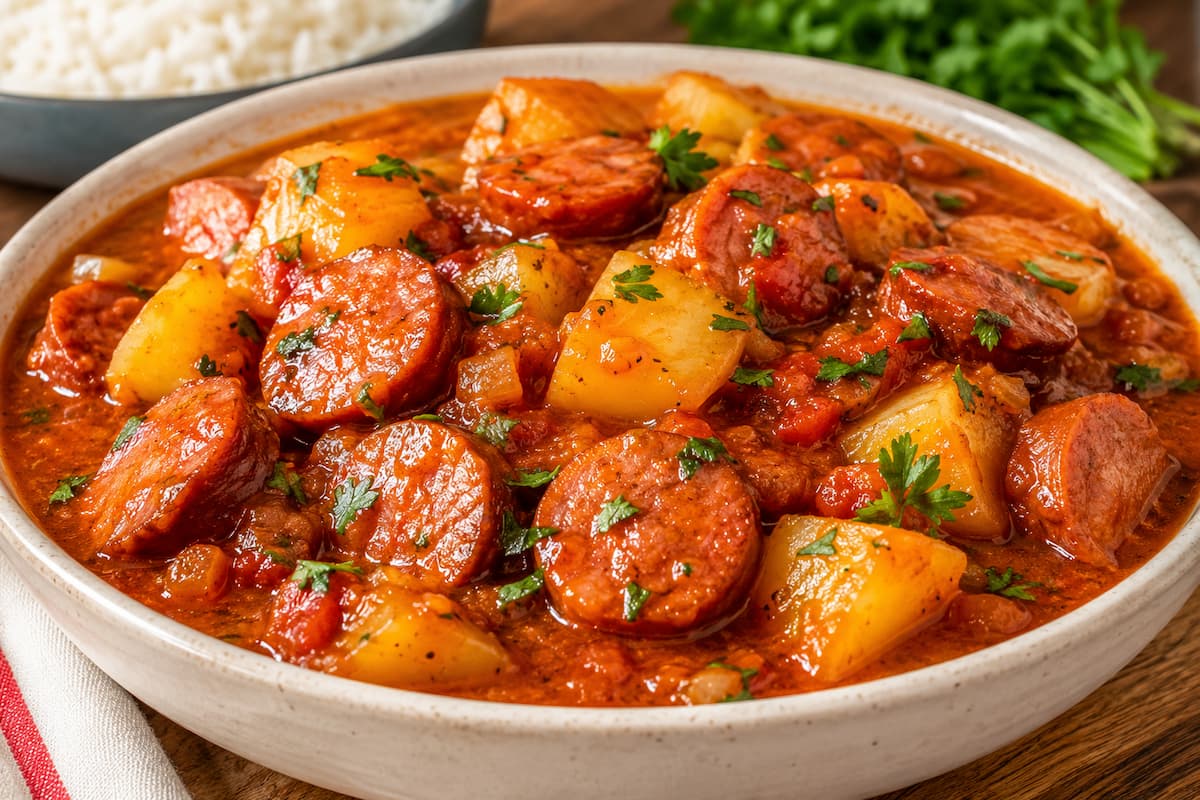 Molho de calabresa com batata bem cozida e molho encorpado, perfeito para servir com arroz branco. Uma receita fácil, econômica, saborosa e ideal para toda a família.