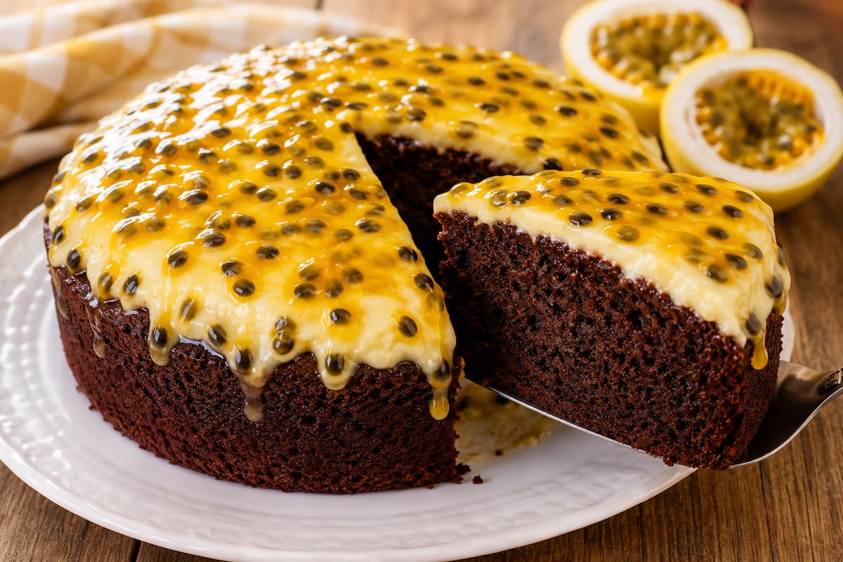 Bolo de chocolate com maracujá de massa fofinha e cobertura cremosa