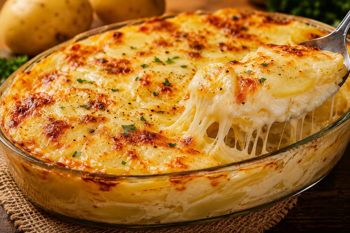 Batata gratinada no forno com molho branco cremoso e muito queijo derretido