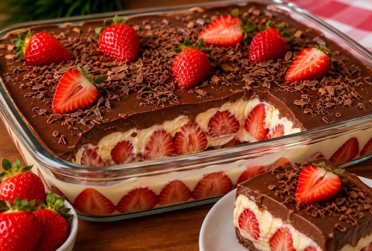 Bombom de morango na travessa com creme aveludado