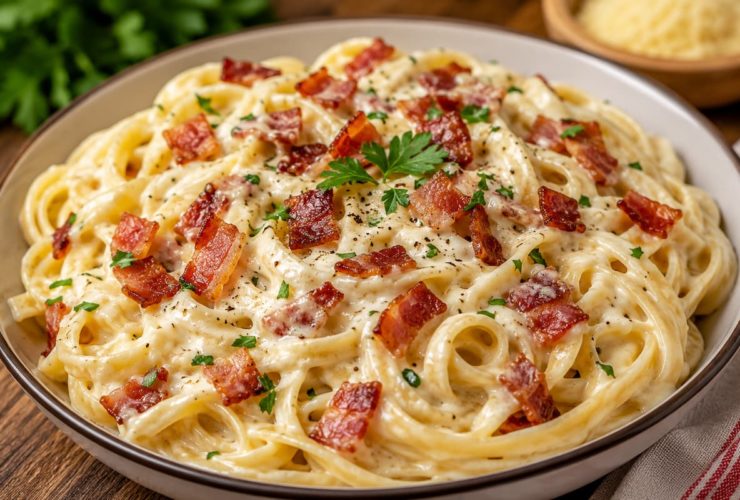 Macarrão ao molho branco com bacon crocante
