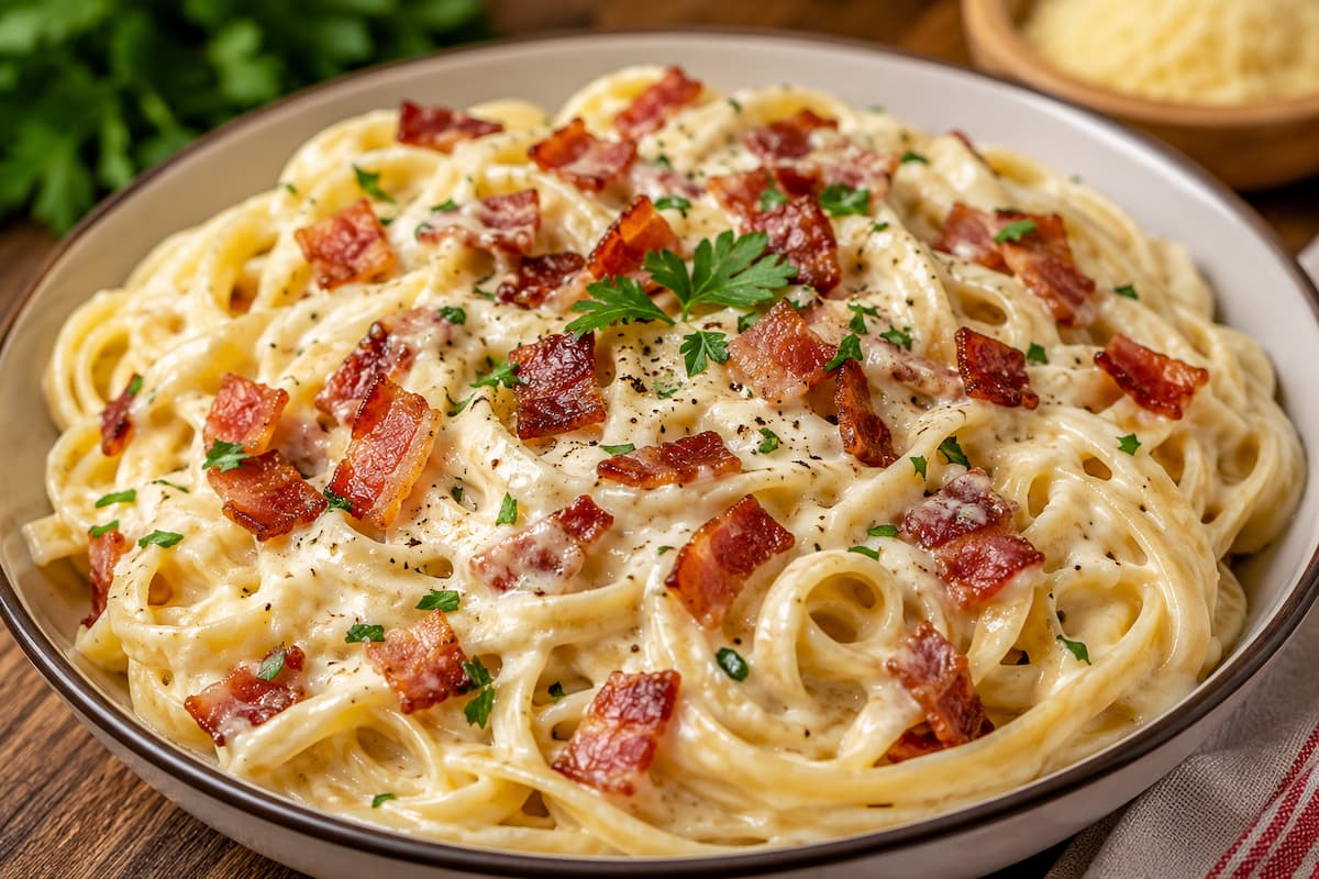 Macarrão ao molho branco com bacon crocante