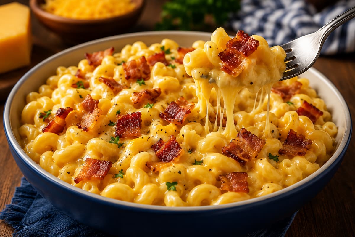 Macarrão com queijo cremoso e bacon