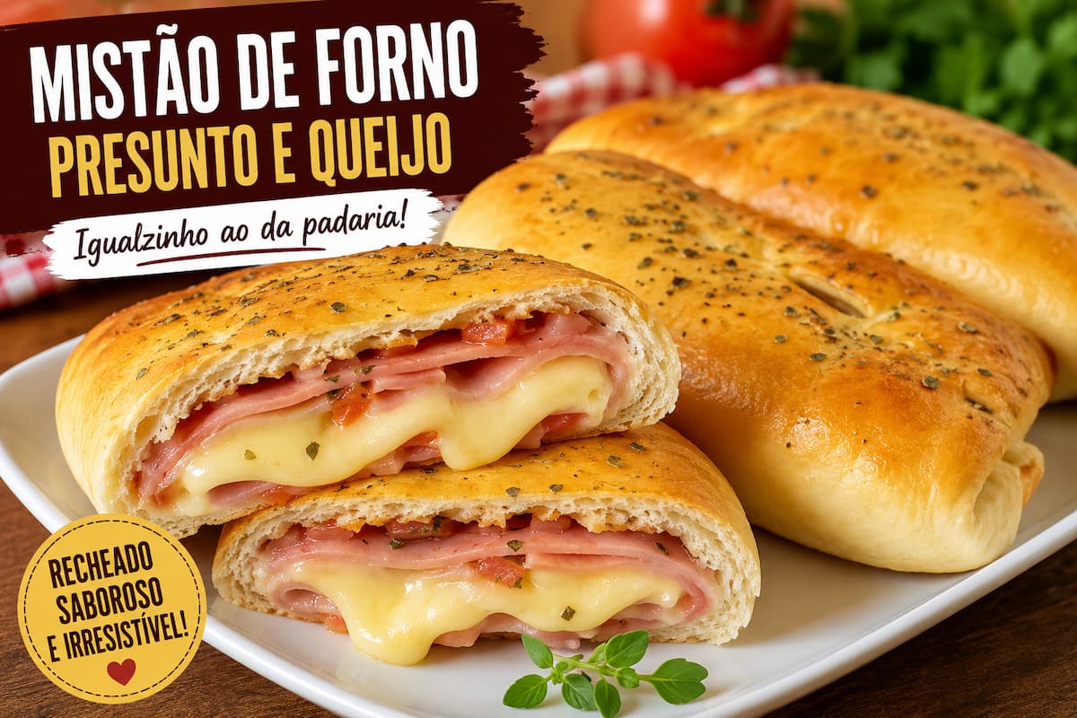 Salgado de padaria estilo mistão de forno, bem recheado com presunto e queijo
