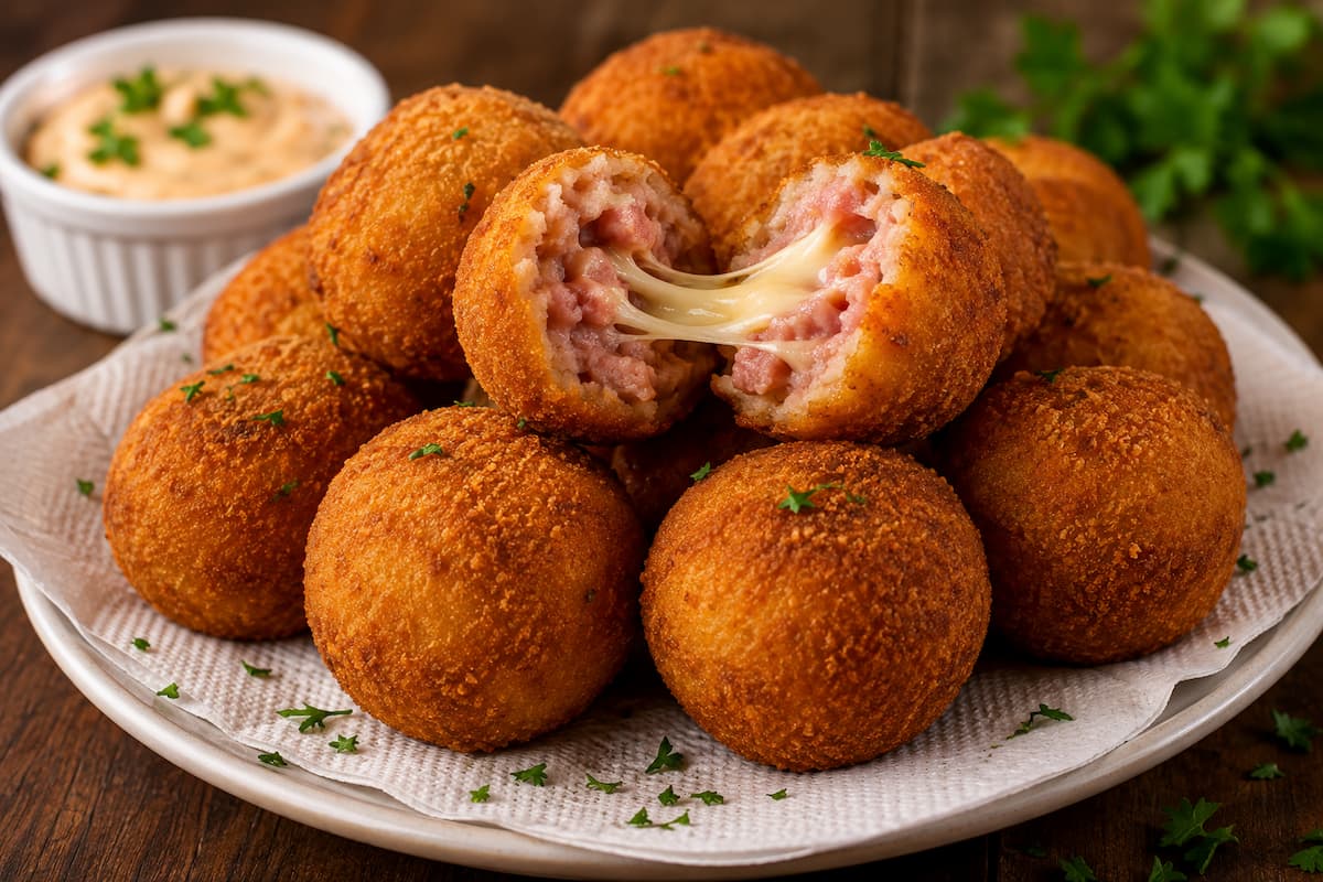 Bolinho de linguiça recheado com queijo derretido