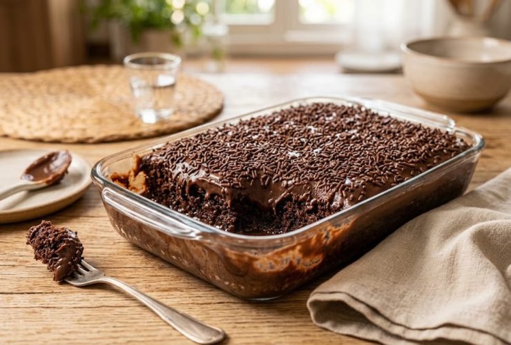 Bolo de brigadeiro na travessa bem molhadinho