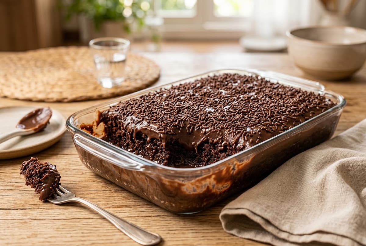 Bolo de brigadeiro na travessa bem molhadinho
