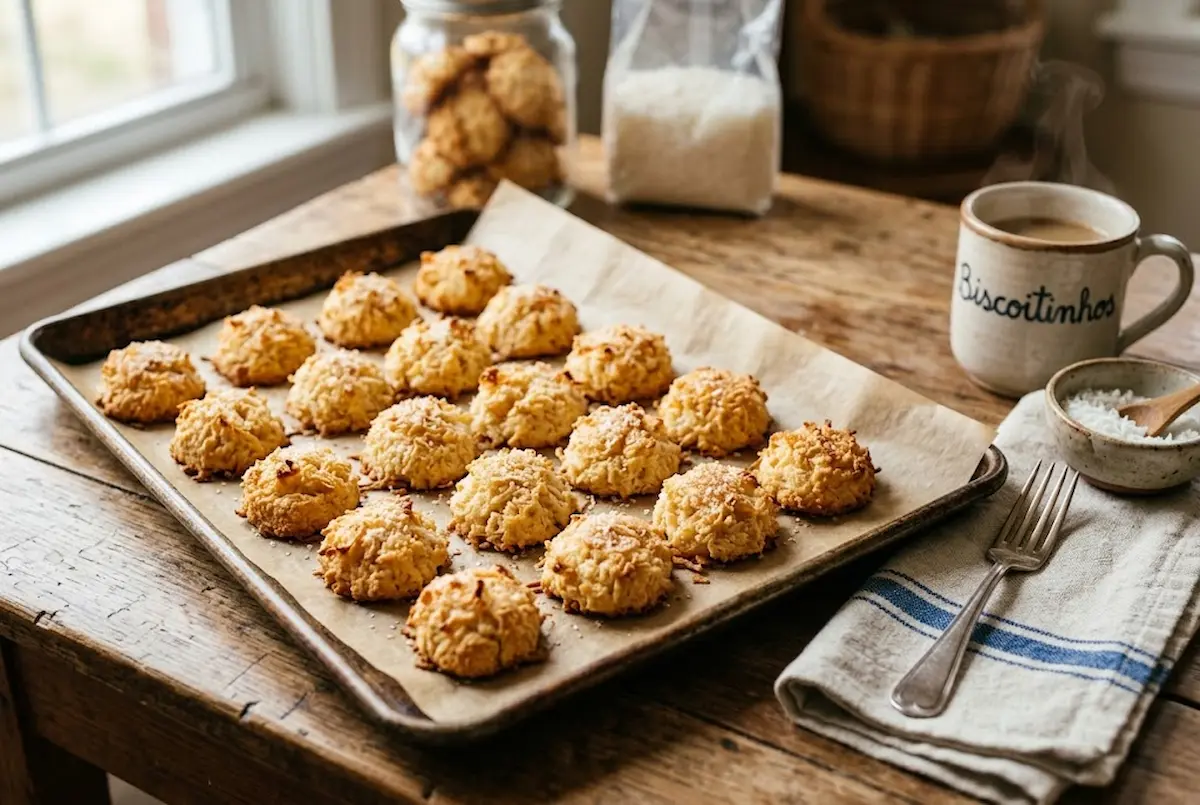 Biscoitinho de coco fácil, fofinho e delicioso, com poucos ingredientes e preparo simples.