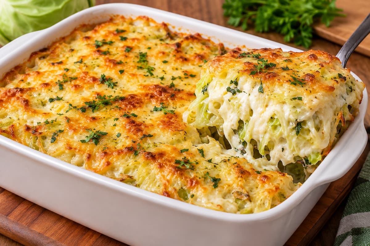 Repolho cremoso de forno com queijo gratinado
