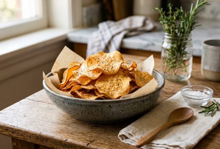 Aprenda a fazer batata-doce chips crocante e sequinha, um petisco fácil, saboroso e perfeito para qualquer ocasião.
